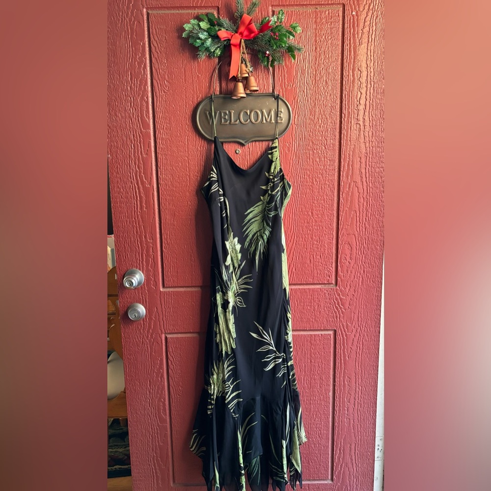 Eva Blue beaded dress, black and green floral evening formal dress